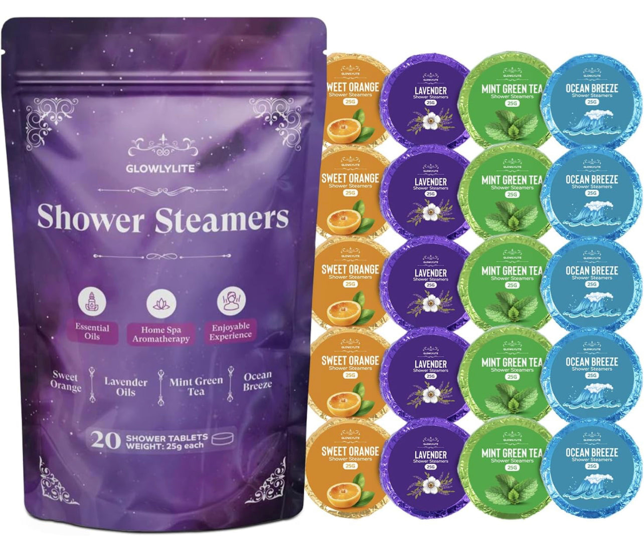 Shower Steamers Aromatherapy for Women and Men – Pack of 20 with 4 Organic scents Sweet Orange Lavender Mint Green Tea